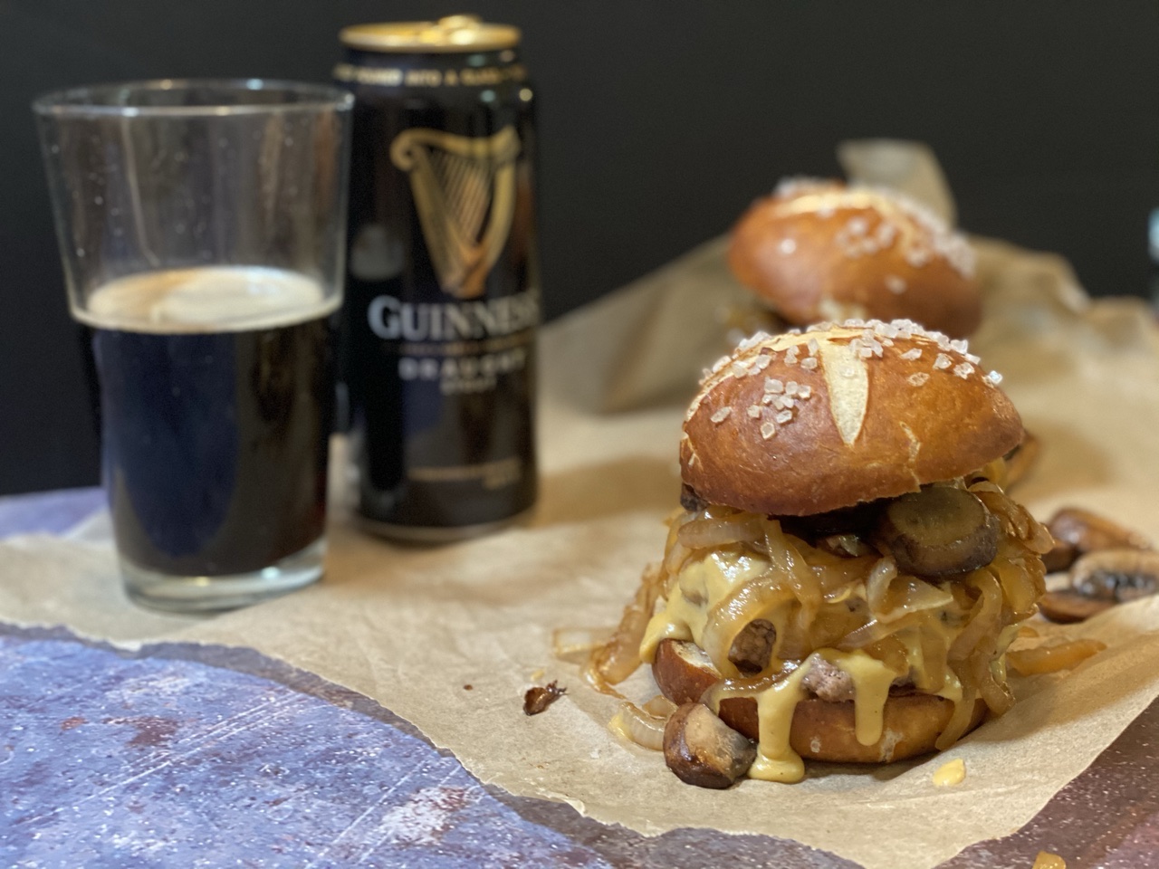 4B653912 CA6A 435F 9D3C 5C79DF67AE28 - Guinness Blue Cheese Burgers with Guinness Cheddar & Caramelized Onions & Mushrooms