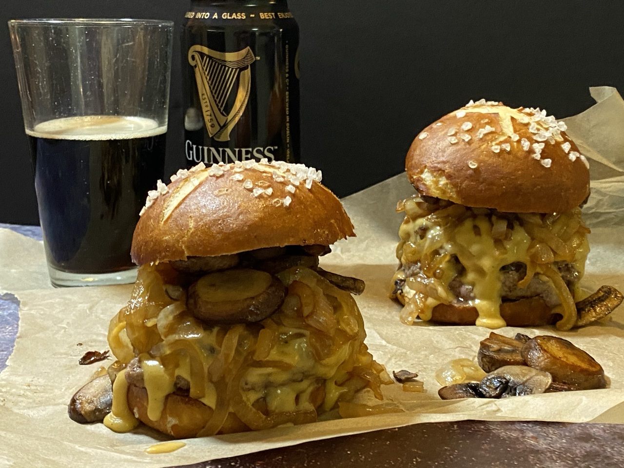 A151E315 1EBB 4565 A17E 2ABDEB21D10A - Guinness Blue Cheese Burgers with Guinness Cheddar & Caramelized Onions & Mushrooms