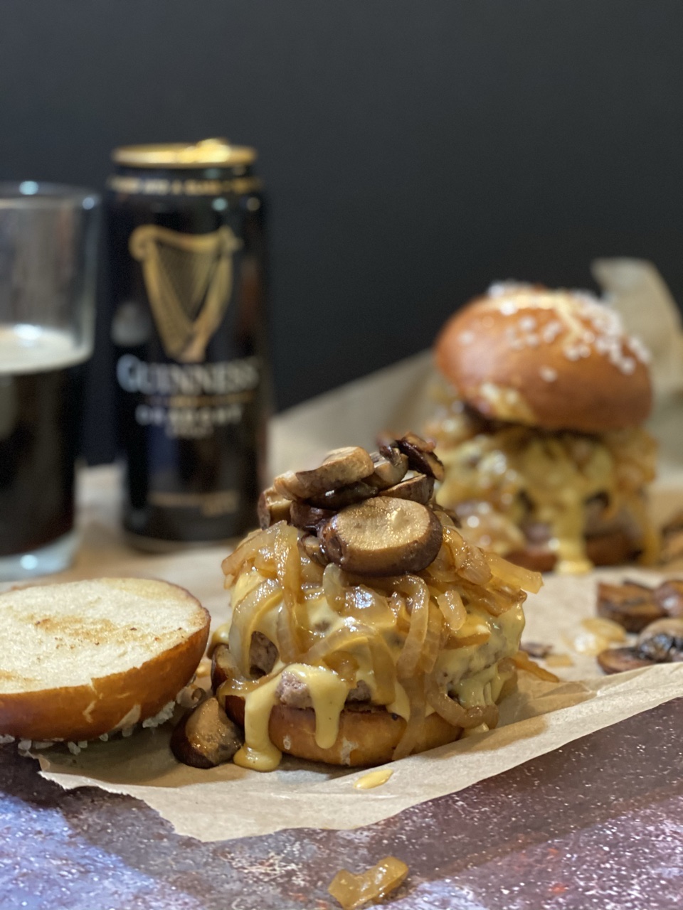 B6372C64 0072 4A60 92EF 8064EC4A4B56 - Guinness Blue Cheese Burgers with Guinness Cheddar & Caramelized Onions & Mushrooms
