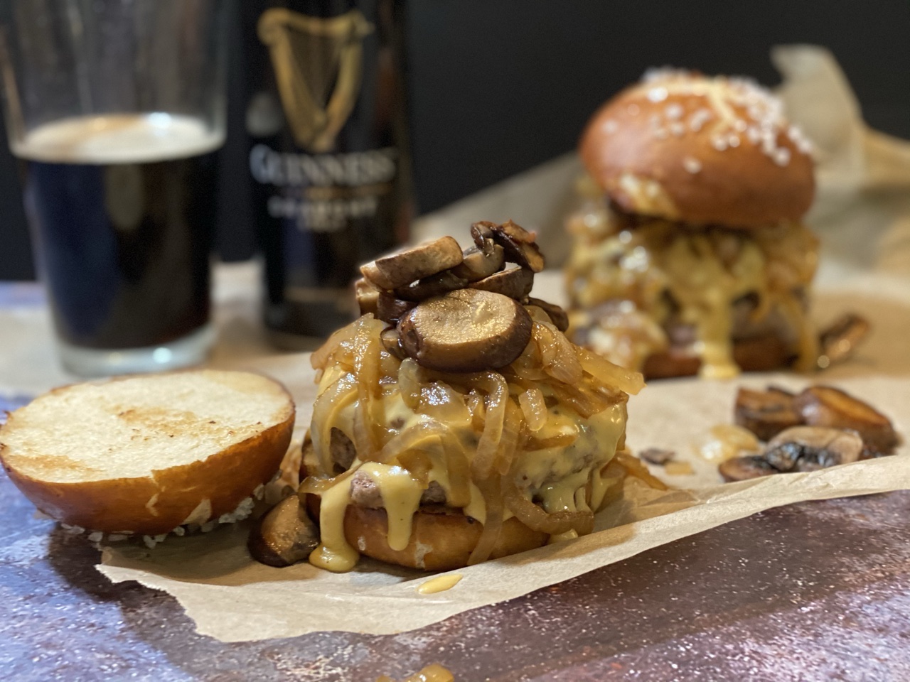 CA154CB9 FFF7 4EF8 BDBC 7D68B7B6EE49 - Guinness Blue Cheese Burgers with Guinness Cheddar & Caramelized Onions & Mushrooms