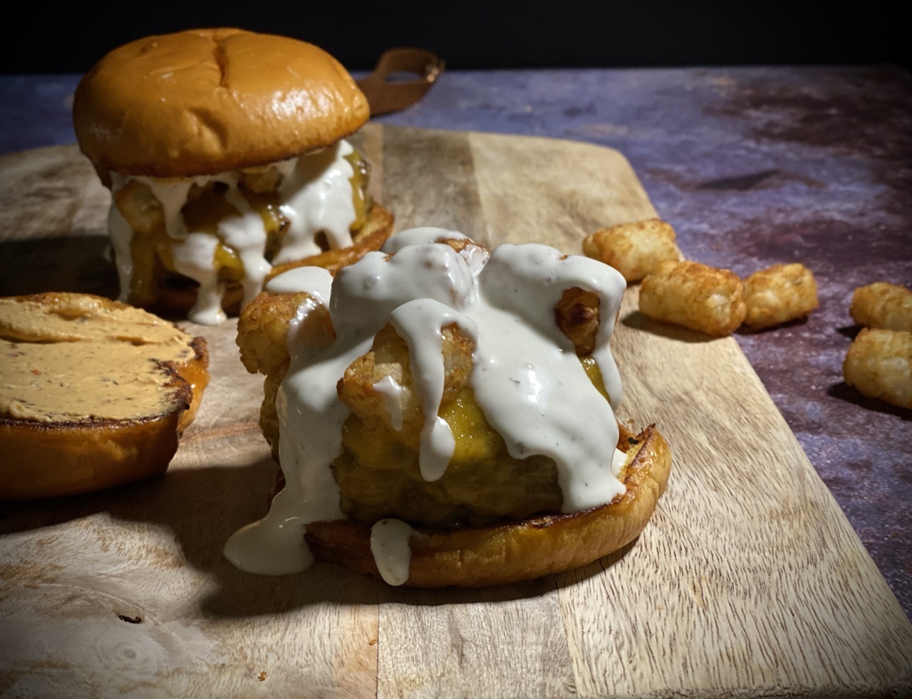 328DC101 B877 4BAE BA22 FFCEC309FF46 - Smoking Chipotle Chorizo Burgers with Tater Tots, Ranch Dressing, & Chipotle Yogurt Aioli