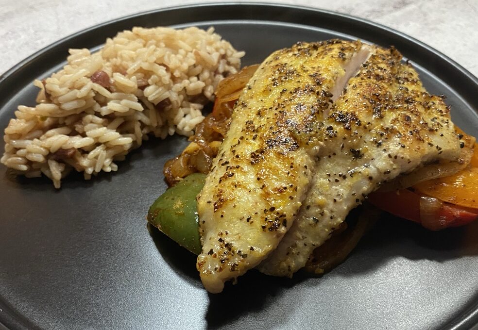 3B41E8A6 C727 421F AE51 04BC92800993 e1602709894403 - Cajun Catfish with Sautéed Onions & Peppers with Red Beans & Rice