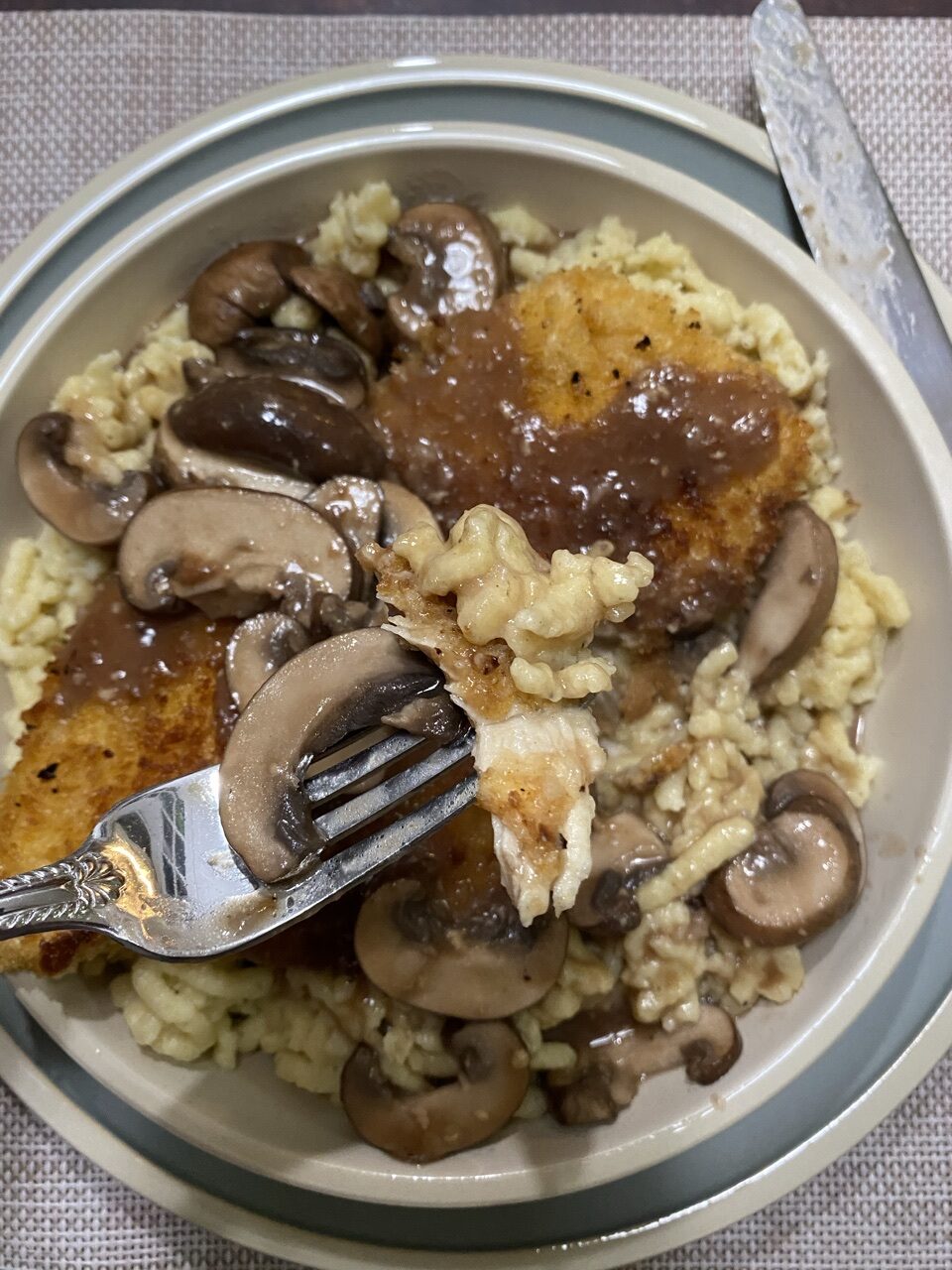 68515E18 DE7E 4C48 9A26 61DA50C4A52F e1601596725387 - Chicken Schnitzel & Spaetzle with Mushroom Gravy