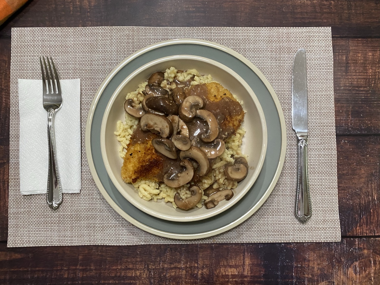 ACB6FFB4 4C8F 4F55 9A92 BD06D227654E - Chicken Schnitzel & Spaetzle with Mushroom Gravy