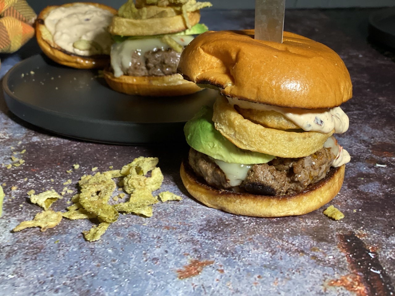 C8207EC1 B35D 4B10 AF4F 2522D5F20147 - Spicy Southwestern Burgers with Chipotle Aioli, Crispy Jalapeños, & Onion Rings