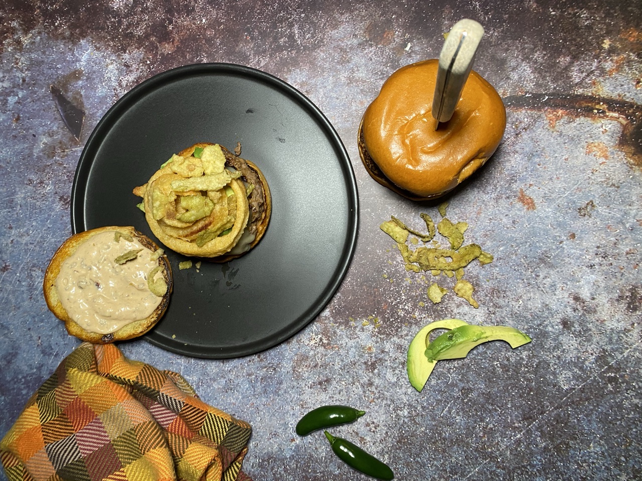 DC548F96 559B 4CD7 875C 58B23D87EBC4 - Spicy Southwestern Burgers with Chipotle Aioli, Crispy Jalapeños, & Onion Rings