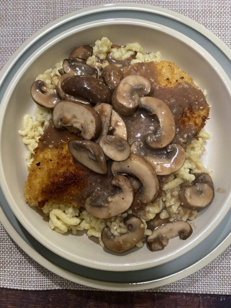 E7B43AA6 40CC 4039 B404 C3F18C98A797 e1601595792578 768x1024 - Chicken Schnitzel & Spaetzle with Mushroom Gravy