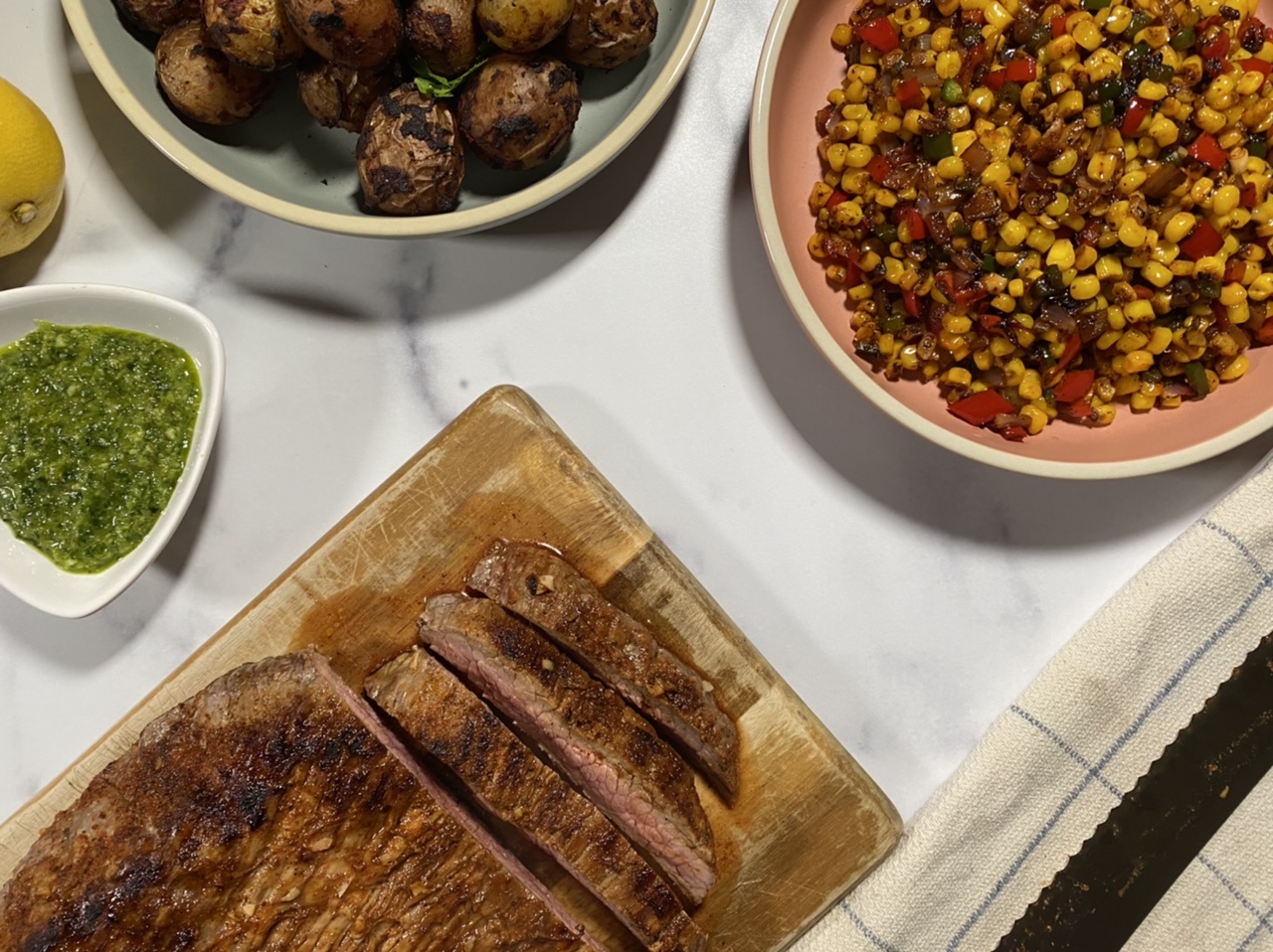 379B693D E0BA 4F30 BC0F 4E8514210BB8 - Chimichurri Flank Steak with Spanish Potatoes & Mexican Corn Salad