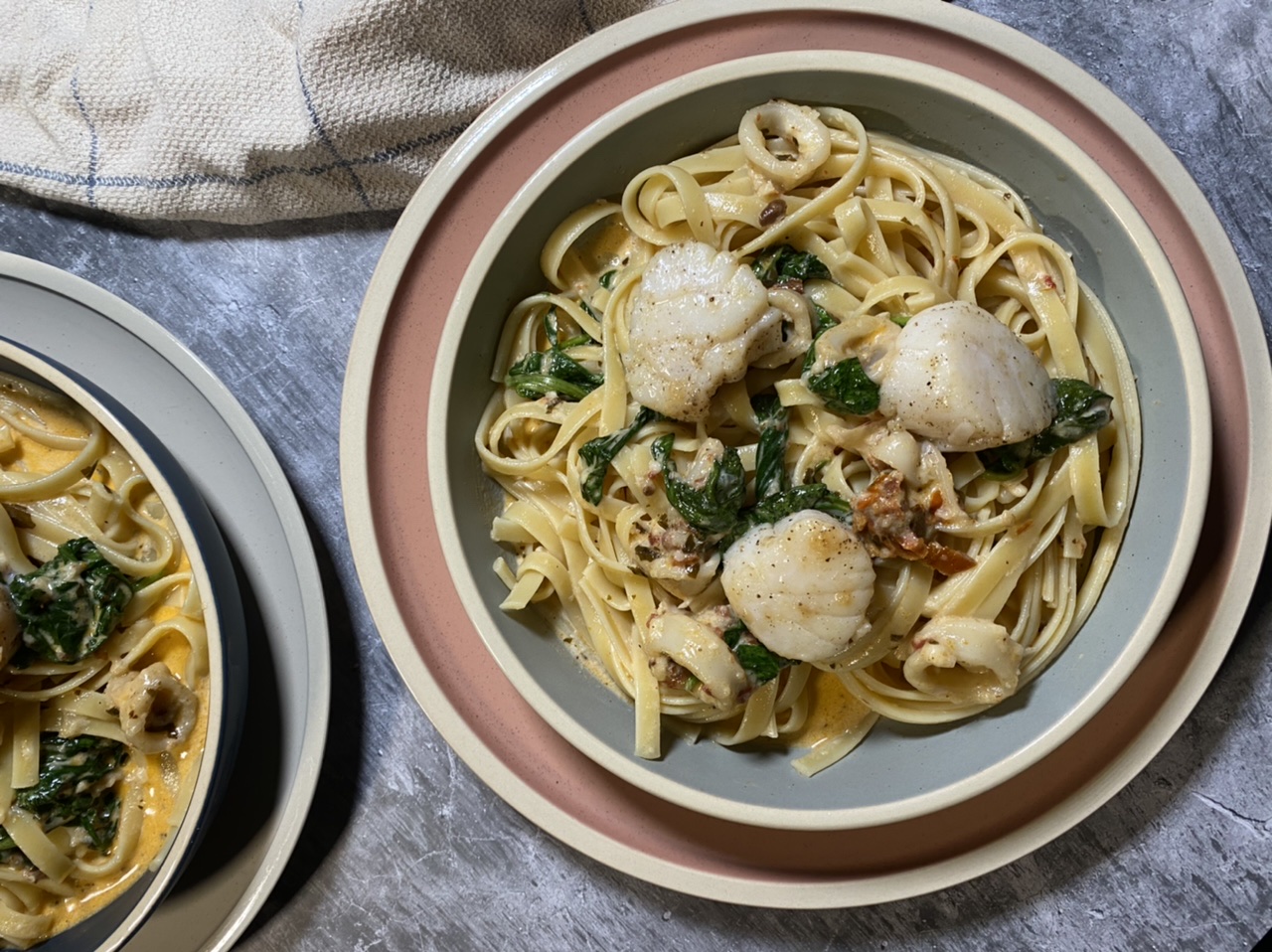 68C90D9C 4AA9 4F8B BA88 1163D7B63479 - Scallop & Squid Seafood Fettuccini with Spinach and Sun-dried Tomatoes