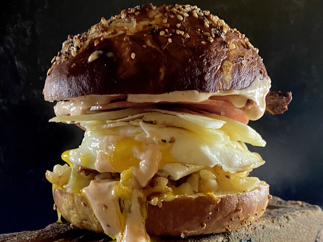 841D8F56 6AE1 4FE4 8B90 F5869E0FC219 - The Widow Maker ~ Loaded Egg Sandwich on a Pretzel Bun