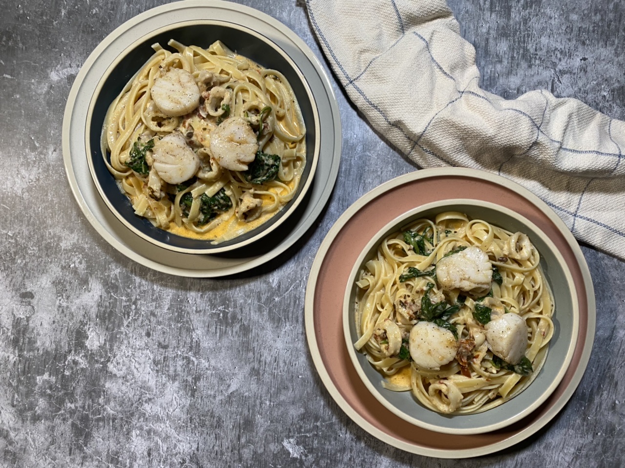 BDCFA81C B956 4DF2 BF5D 80ADBAB8A569 - Scallop & Squid Seafood Fettuccini with Spinach and Sun-dried Tomatoes