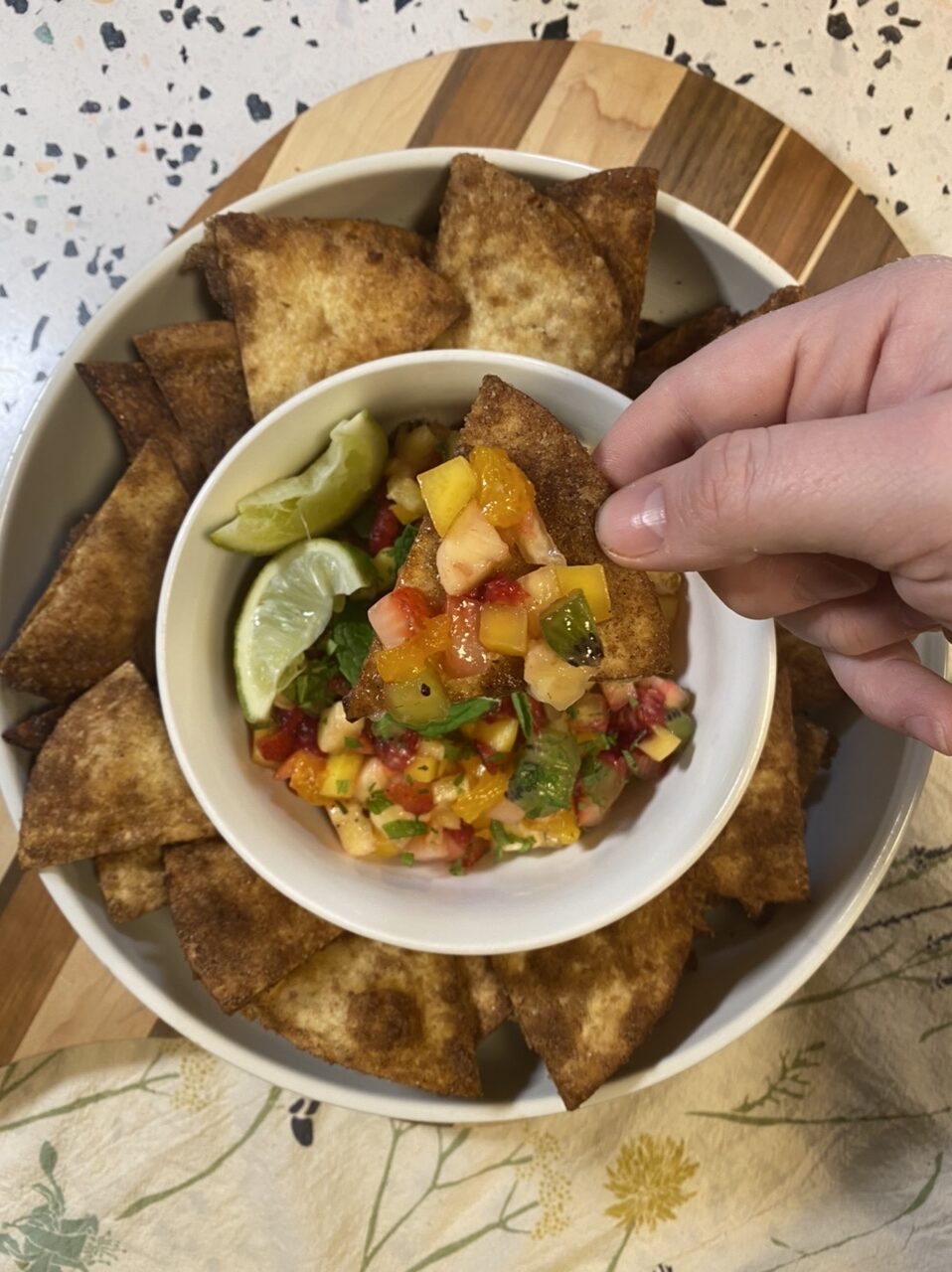 0D99BFD6 95A3 4F34 A17D 2126820AF3DE e1611249629627 - Zesty Tropical Fruit Salad “Pico de Gallo” with Cinnamon Sugar Tortilla Chips