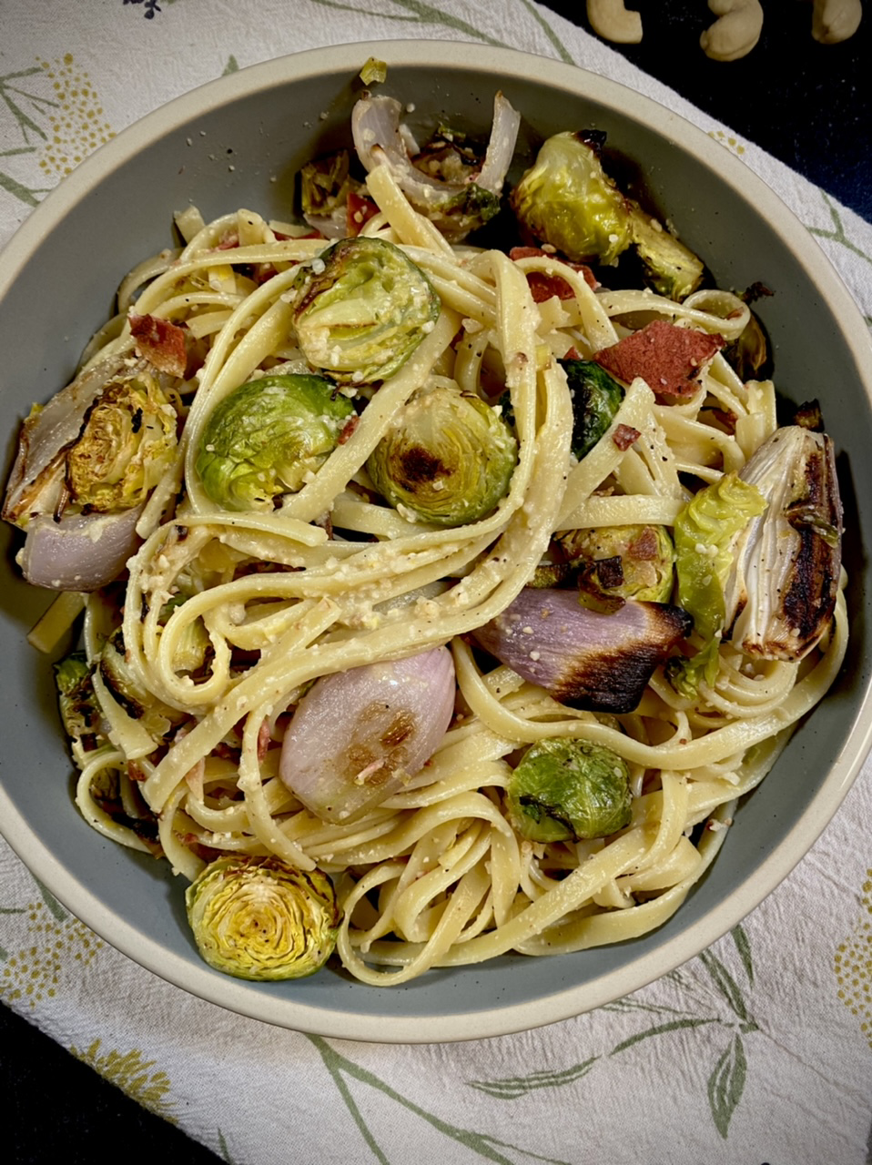 2FE1DA17 7AC6 4F16 9EE4 73C7BBE9D2E9 - Nooch Fettuccini Alfredo with Roasted Shallots &  Brussel Sprouts