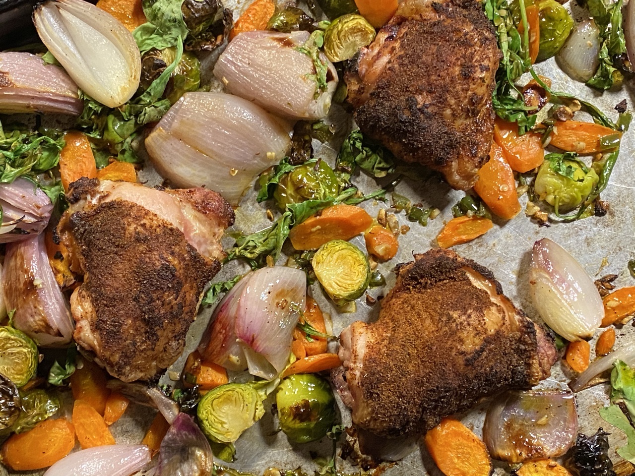 3A6C4C28 6A4E 433D AFF3 1E7316CD6D2D - One Sheet Zesty Chicken with Brussel Sprouts, Shallots, Carrots, & Arugula