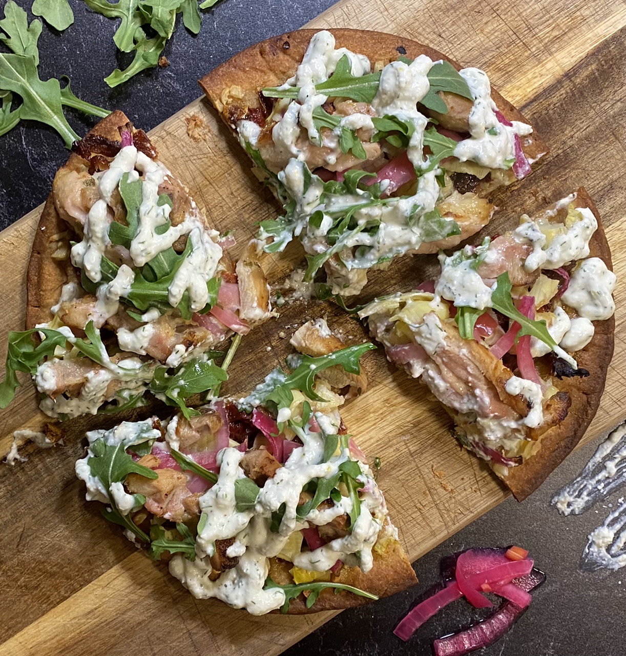 530121E9 FD38 48B1 8A51 2B7B9C690F38 - Greek Chicken Flatbread Pizza with Feta Tzatziki Dressing