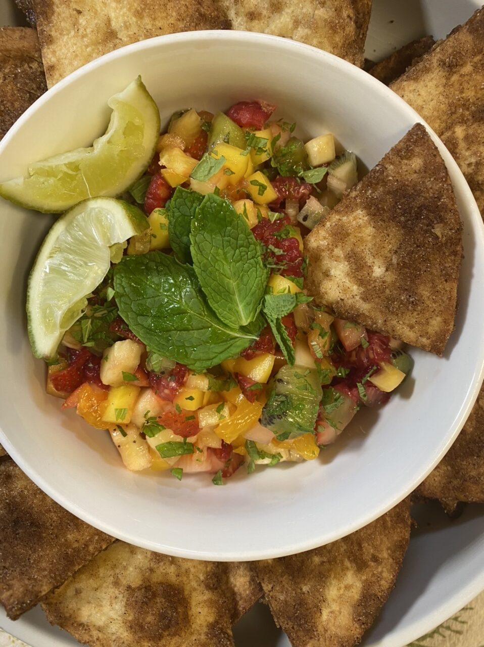 5D84058F 4E29 4DE0 9805 90ADDC54496B e1611249659106 - Zesty Tropical Fruit Salad “Pico de Gallo” with Cinnamon Sugar Tortilla Chips