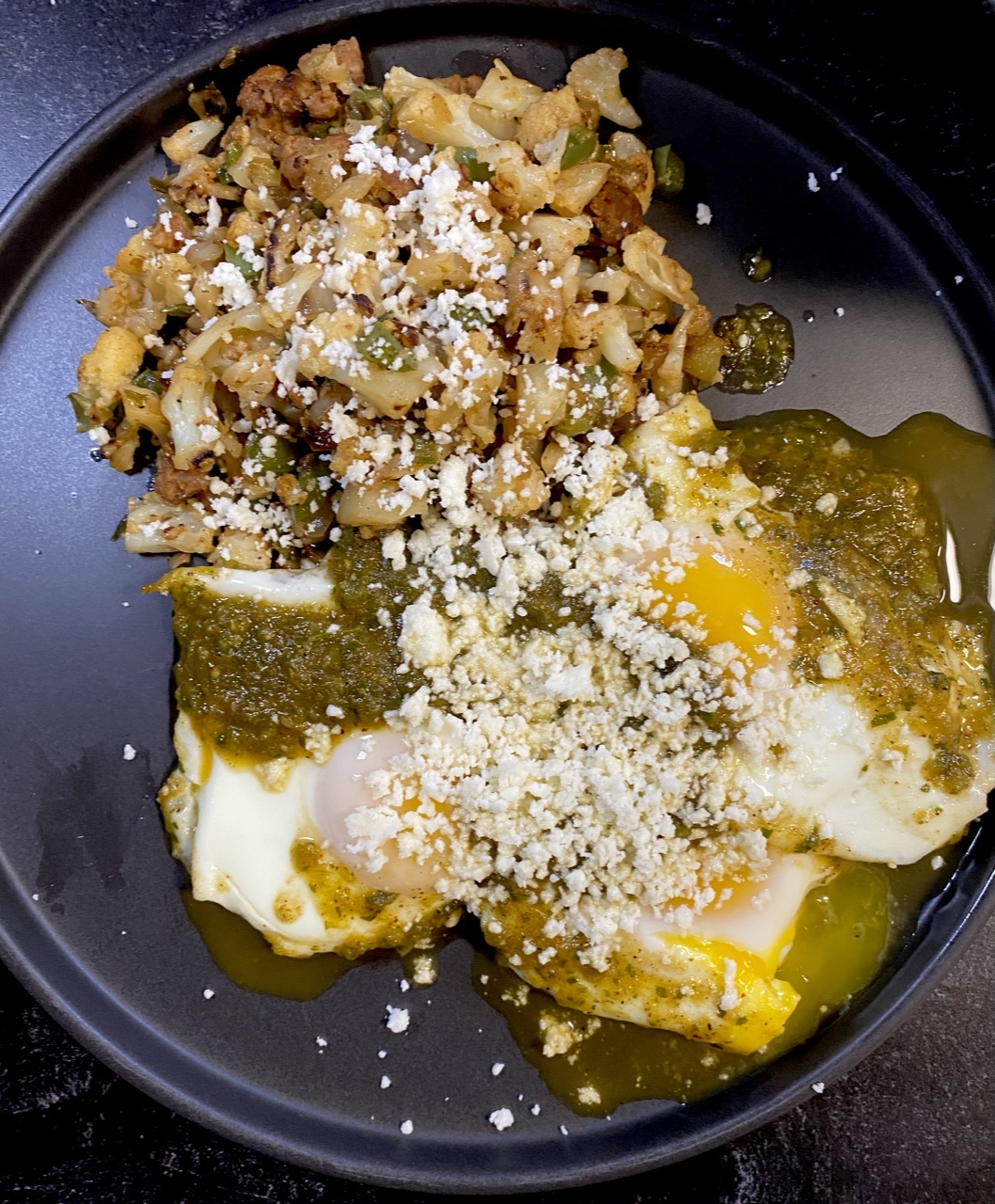 5EB08A34 DCD8 49DE A97C 51F64979BFD9 - Green Enchilada Eggs with Cauliflower Chorizo Hash