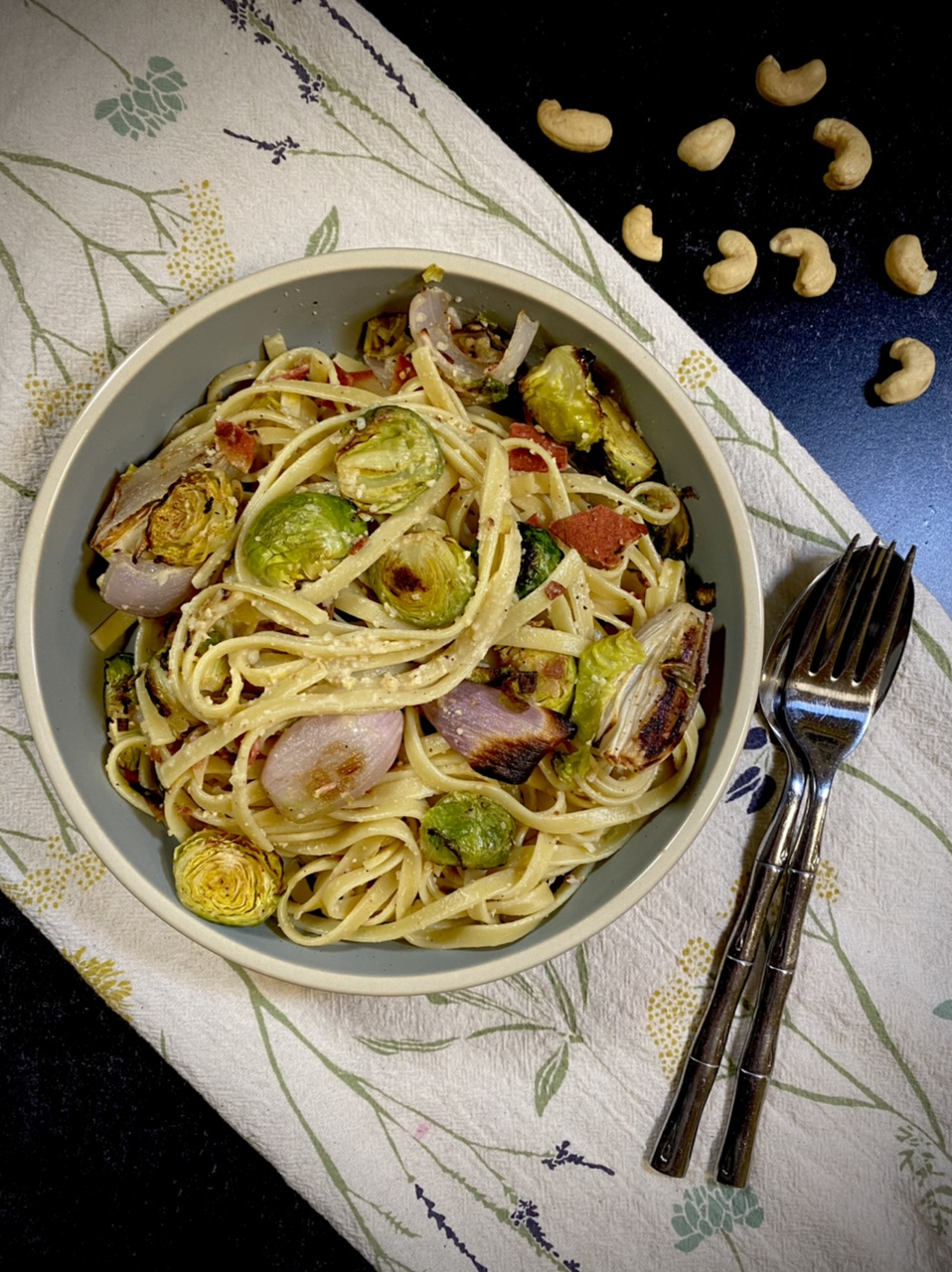 68423D86 018C 4E64 A288 6D75FDE95BEA - Nooch Fettuccini Alfredo with Roasted Shallots &  Brussel Sprouts
