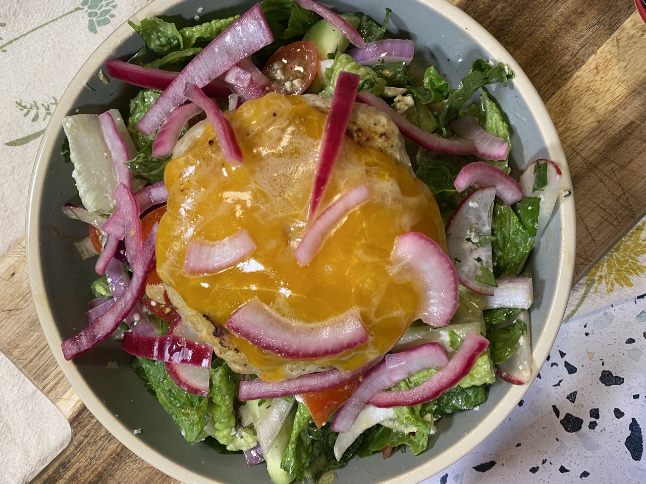 7395B303 12DF 46FB A532 48F4C3C6872F - Loaded Salad Bowl with a Cheddar Chicken Burger