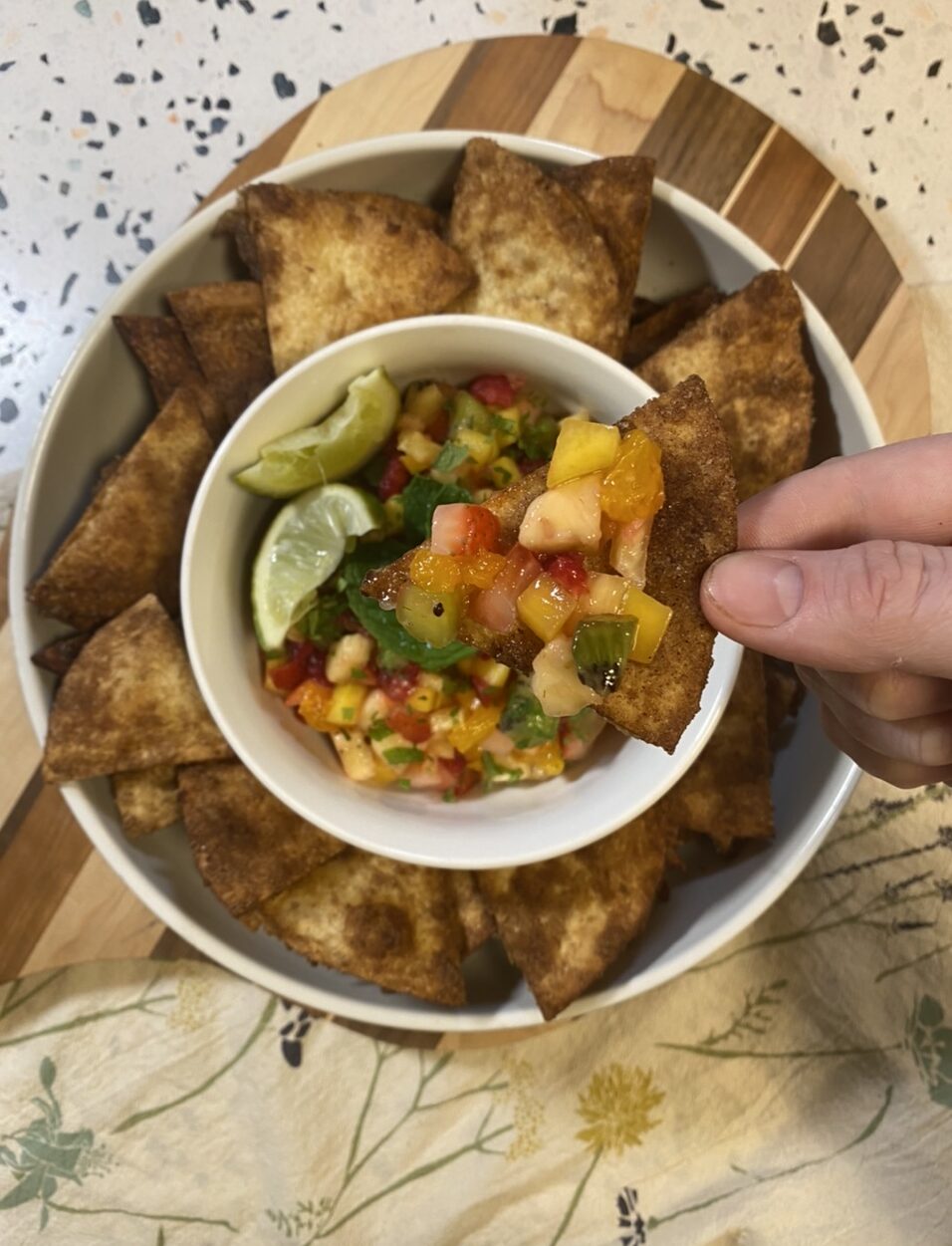 92AA1DA4 9F30 477A B2CD 7EAA435CBABE e1611249701768 - Zesty Tropical Fruit Salad “Pico de Gallo” with Cinnamon Sugar Tortilla Chips