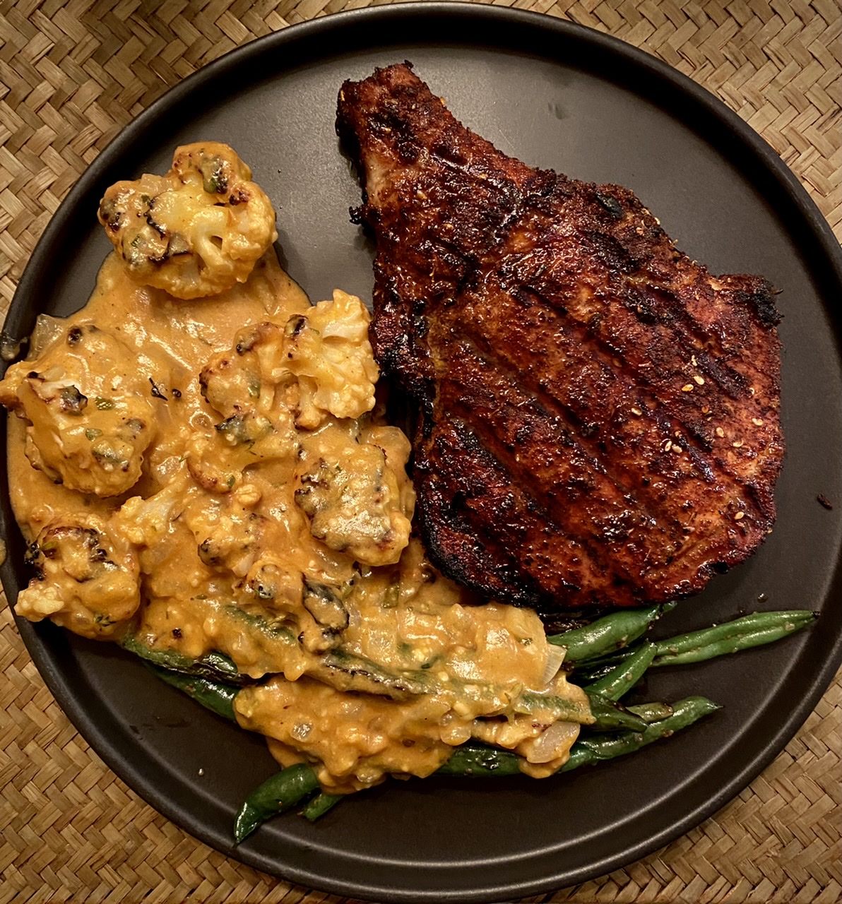 Kansas City pork chops with cauliflower au gratin and green beans