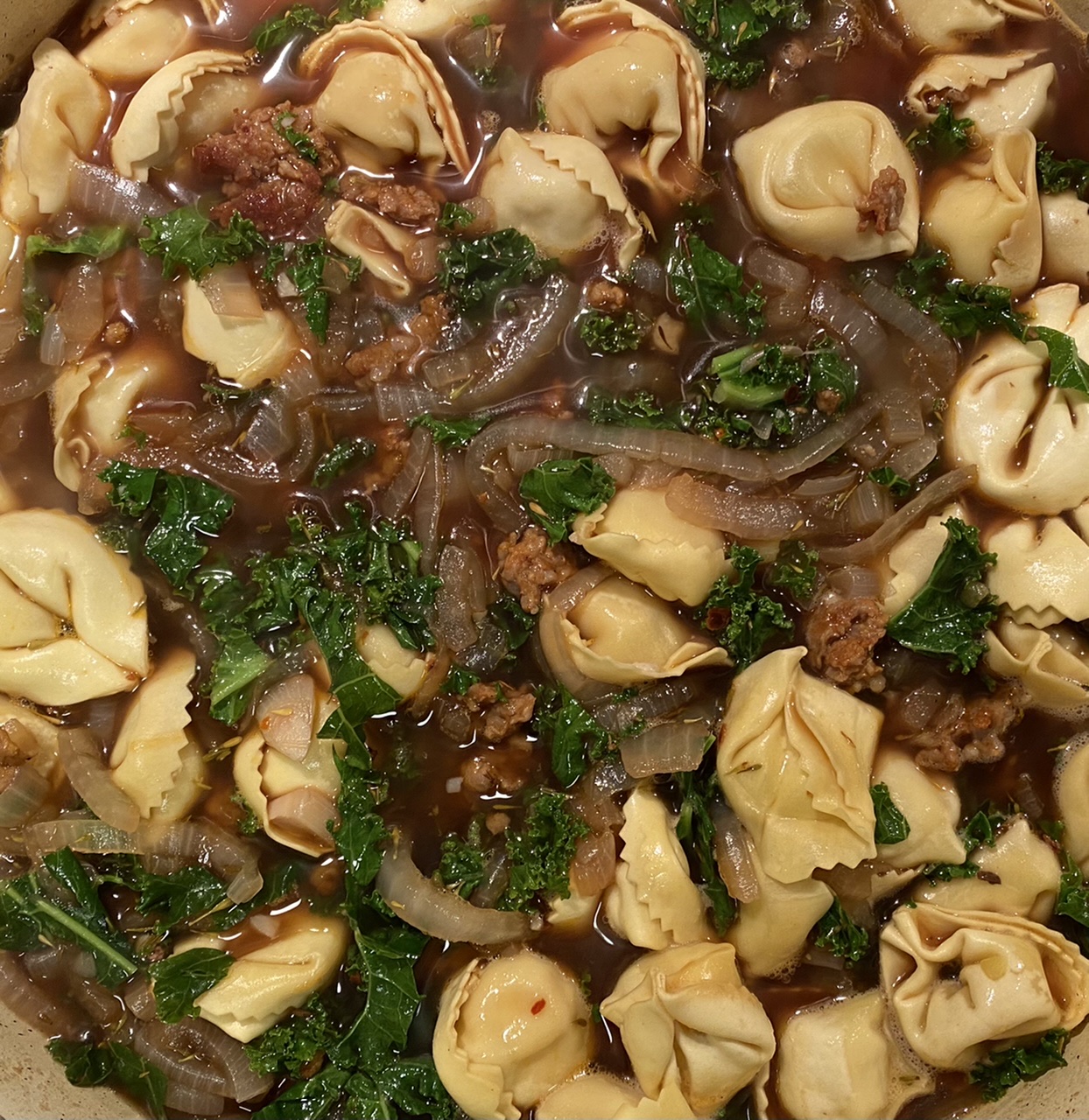 BB000010 08A5 489B 9C2F 81422BA9B5F7 - French Onion Soup with Tortellini, Hot Italian Sausage, & Kale