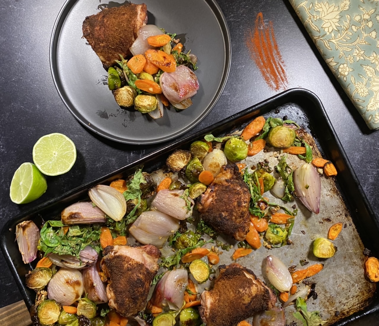 CE9136AF A781 4D6E 926D 58225667539E - One Sheet Zesty Chicken with Brussel Sprouts, Shallots, Carrots, & Arugula