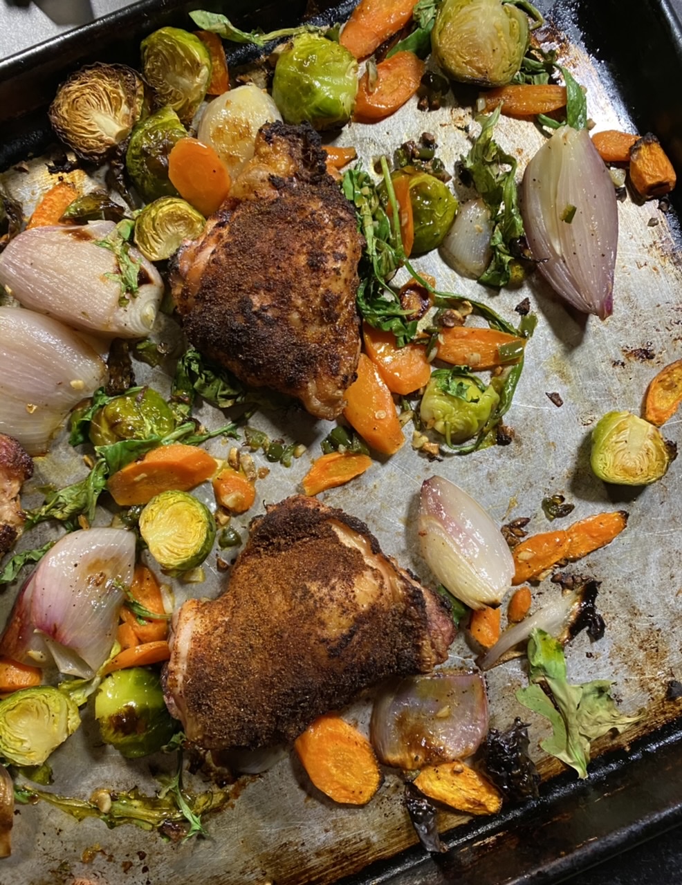 E274927F C0E0 426F 884C 300995E767E7 - One Sheet Zesty Chicken with Brussel Sprouts, Shallots, Carrots, & Arugula