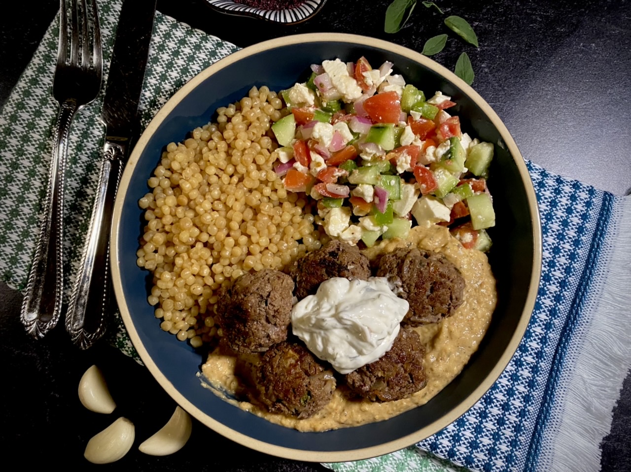 0962B4D7 C117 4E09 8F38 35AAE6A73078 - Baba Ganoush Kofta Ball Bowls with Pearl Couscous & Shepherd’s Salad