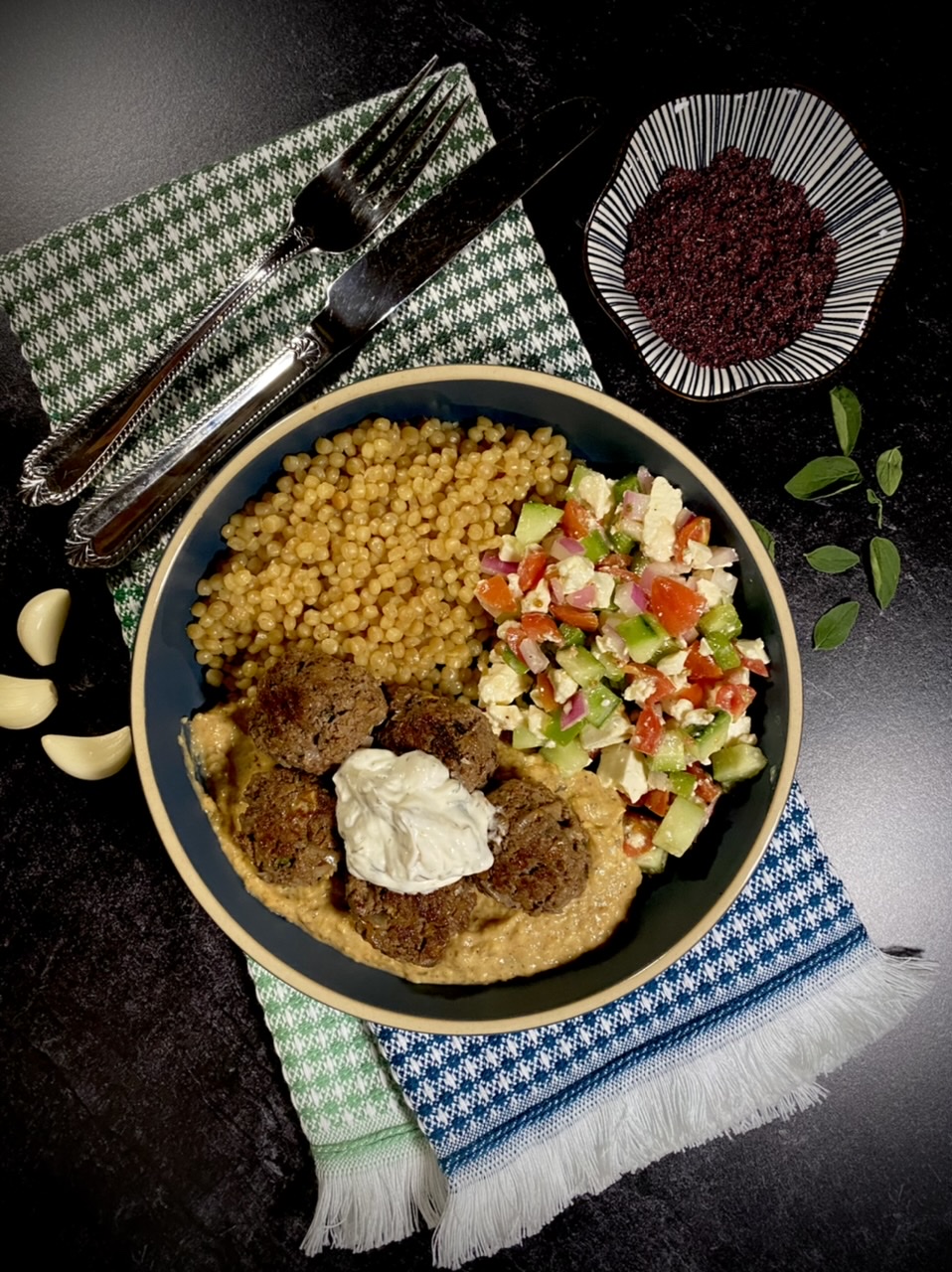 3E08C741 AC34 4159 8168 EA01F089C9D0 - Baba Ganoush Kofta Ball Bowls with Pearl Couscous & Shepherd’s Salad