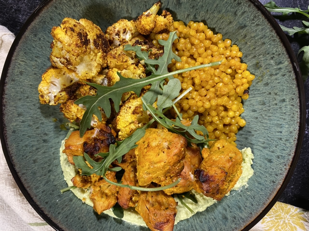 4D7CF6B9 8CAB 4AB1 9D5B 30A2C36406A2 - Moroccan-Style Chicken “Shawarma” with Golden Cauliflower, Turmeric Pearl Couscous, & Whipped Avocado Feta