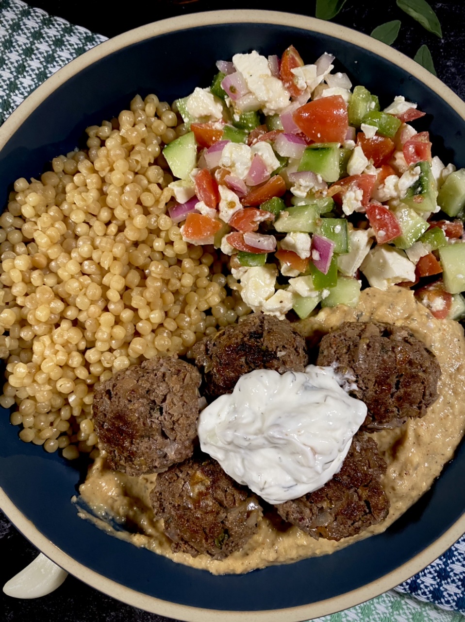 5802C403 0B66 4CEA BEB5 D5936B89D0D3 - Baba Ganoush Kofta Ball Bowls with Pearl Couscous & Shepherd’s Salad