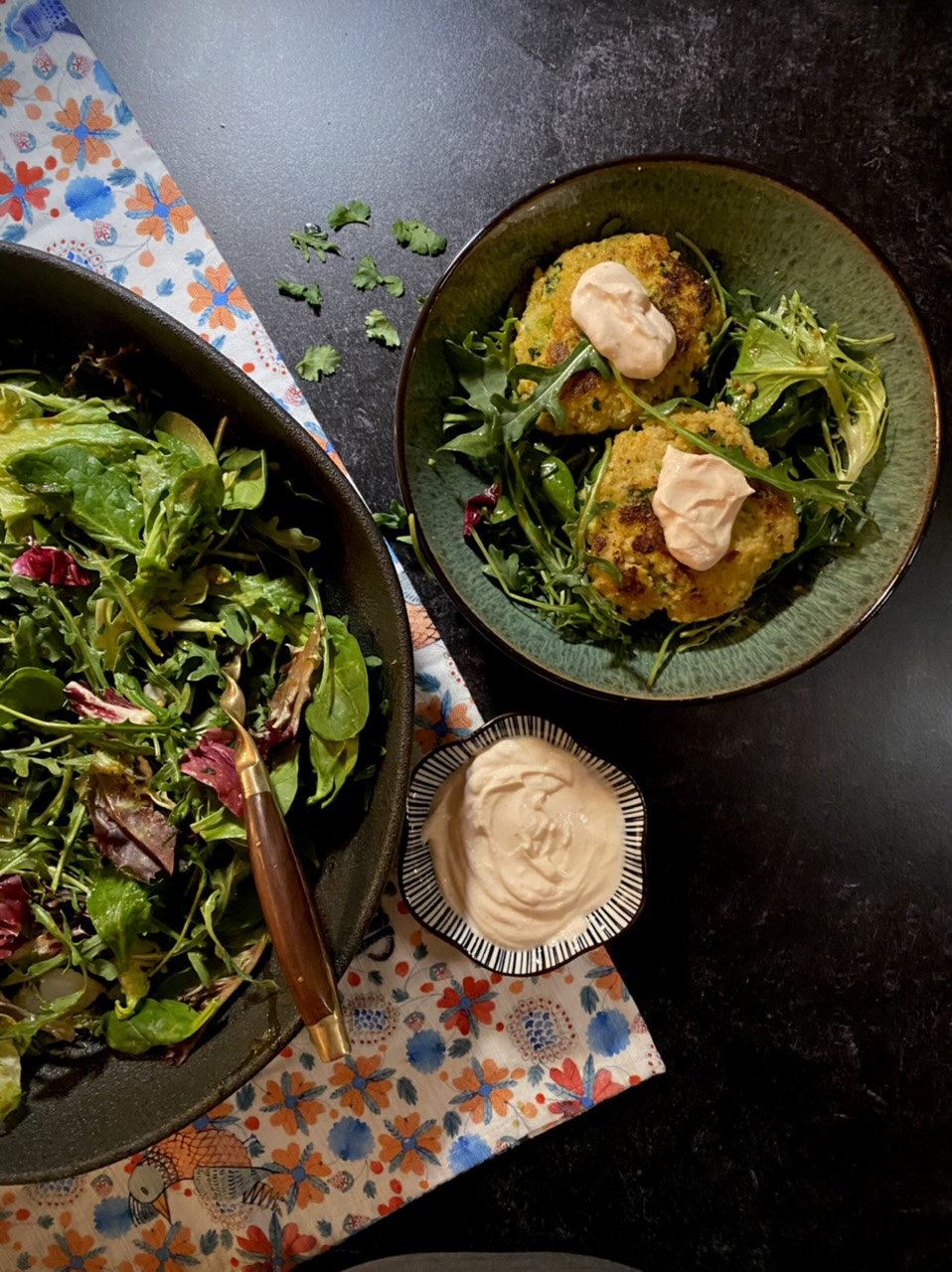 Asian cod fish cakes with spring salad mix