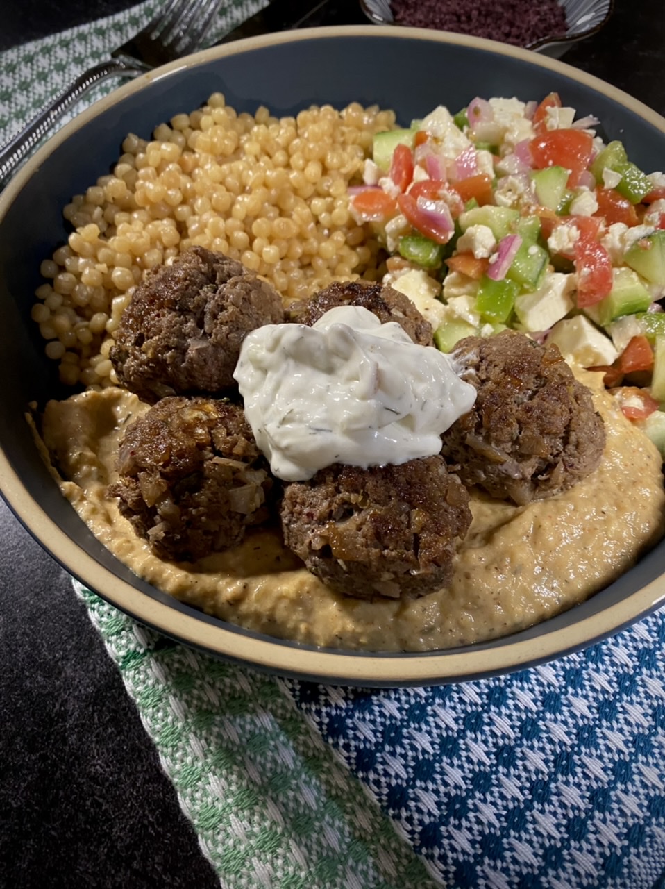 CE3D3537 0E0F 43D7 A59E FBB01A6F53EC - Baba Ganoush Kofta Ball Bowls with Pearl Couscous & Shepherd’s Salad