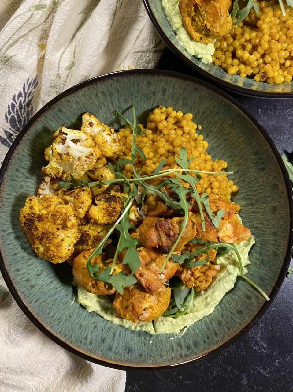 E88E4ECE D5A9 44CE B486 92013CF22E9E e1612734951170 - Moroccan-Style Chicken “Shawarma” with Golden Cauliflower, Turmeric Pearl Couscous, & Whipped Avocado Feta