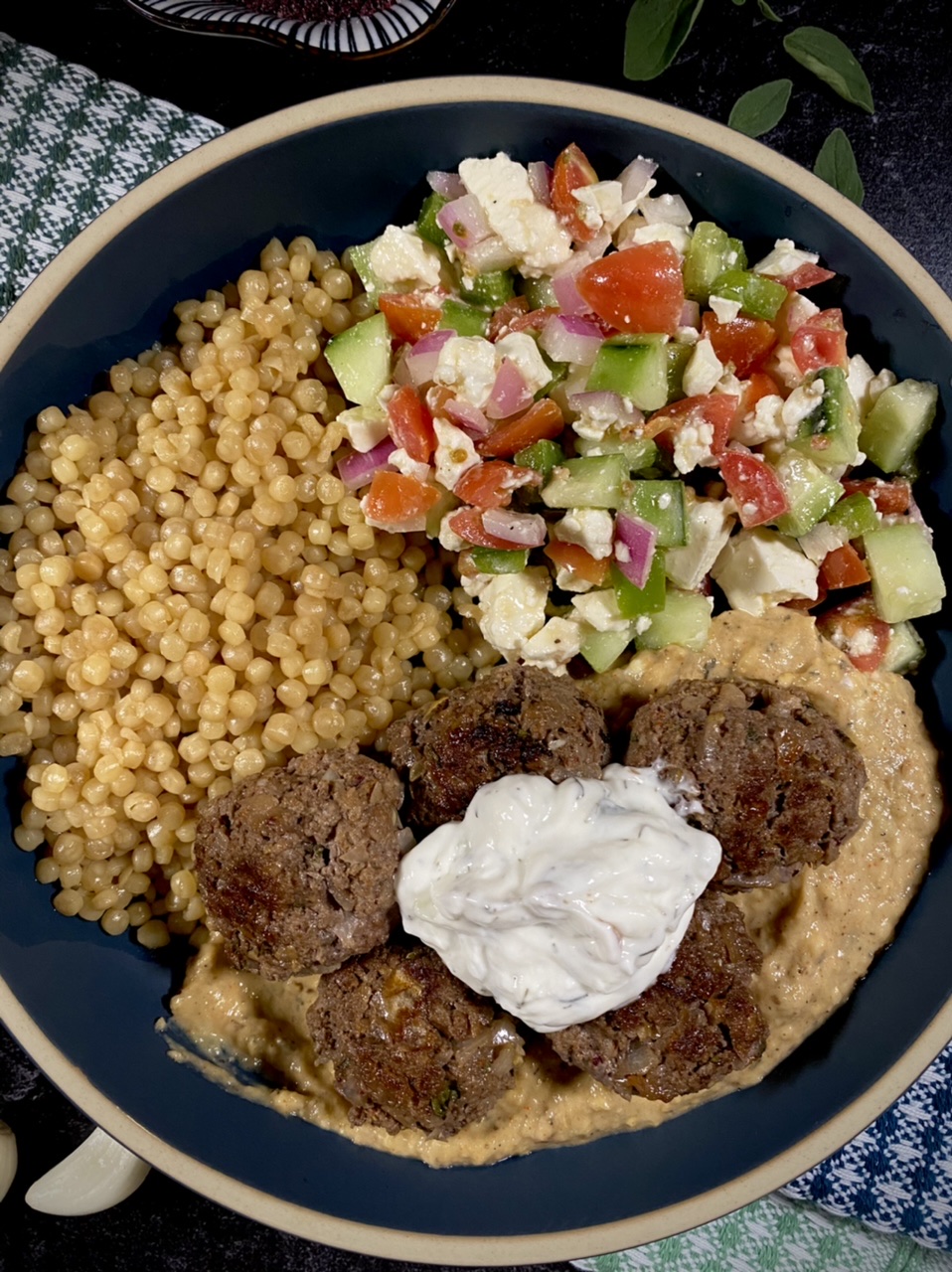 F088A083 CA68 4F0E A229 80CB575302F6 - Baba Ganoush Kofta Ball Bowls with Pearl Couscous & Shepherd’s Salad