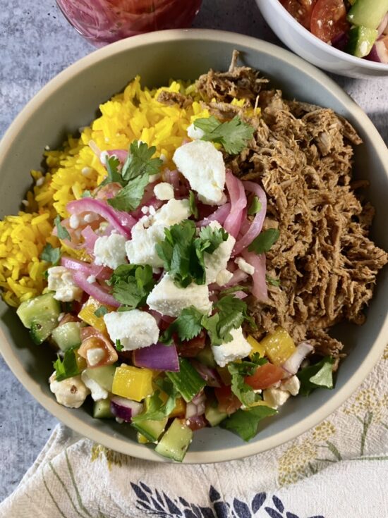 Greek Pork Gyro & Saffron Rice Bowls - the Old Woman and the Sea