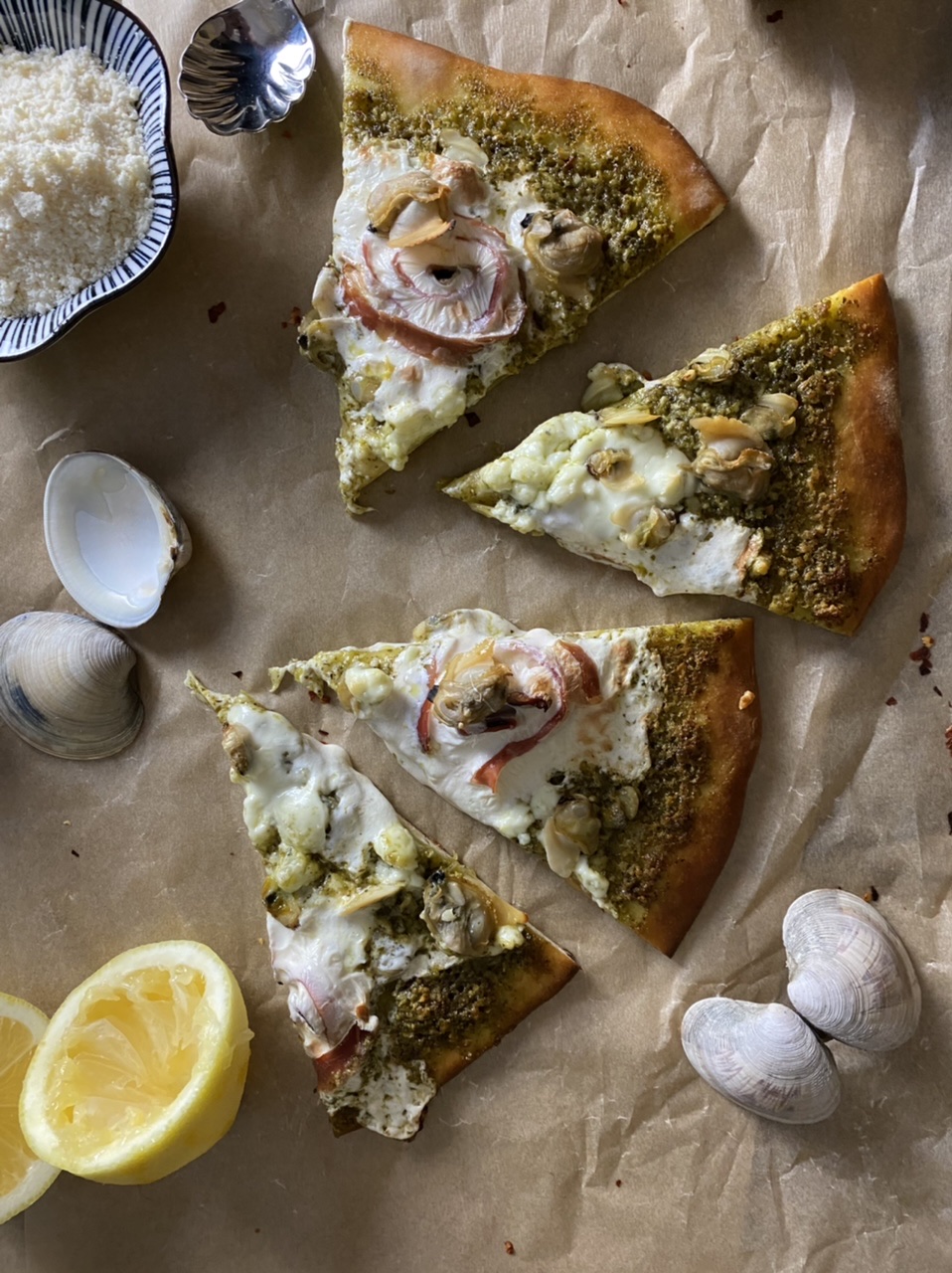 2428A3AE EA50 4A0C BEB6 77400BA5F0BB - Zesty Pesto Clam and Prosciutto Pizza