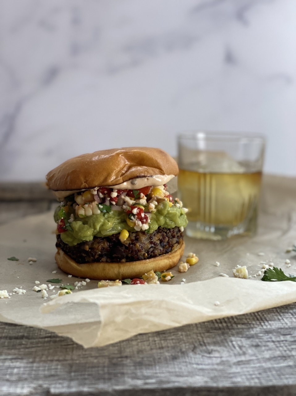 40D4F302 EB49 458A B6E9 AA0357C6B7A4 - Southwestern Black Bean Quinoa Burger with Guacamole, Corn Salsa, & Chipotle Aioli