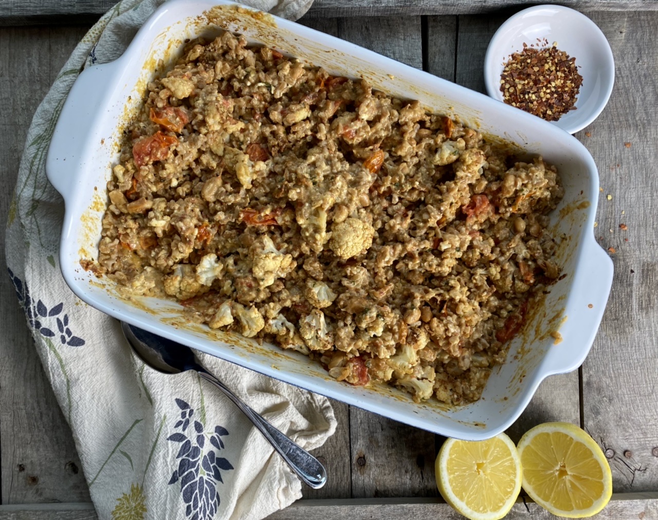 834AE238 611B 4694 A80B 02AF3DE8179E - Baked Tomato Feta & Farro with Roasted Cauliflower & Cannellini Beans