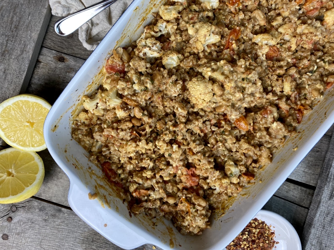 E631C2A2 5A2A 4EFC AEAE 2FD5A3FA1F76 - Baked Tomato Feta & Farro with Roasted Cauliflower & Cannellini Beans