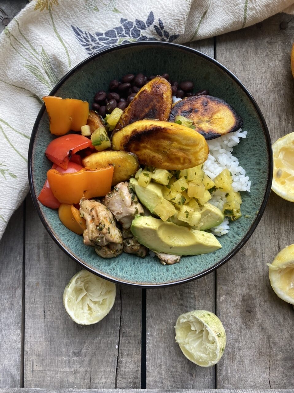 3C5A7558 065E 4029 ACC8 1A03C4611593 e1622645279260 - Cuban Chicken Mojo Bowls with Grilled Bell Peppers, Fried Plantains, & Pineapple Salsa