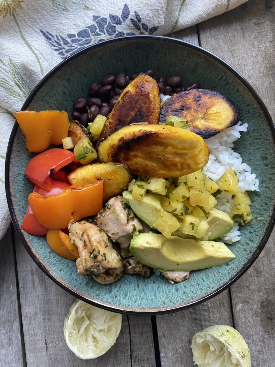 3C721EDC DE55 4774 B9DB 8FAC344724C6 - Cuban Chicken Mojo Bowls with Grilled Bell Peppers, Fried Plantains, & Pineapple Salsa