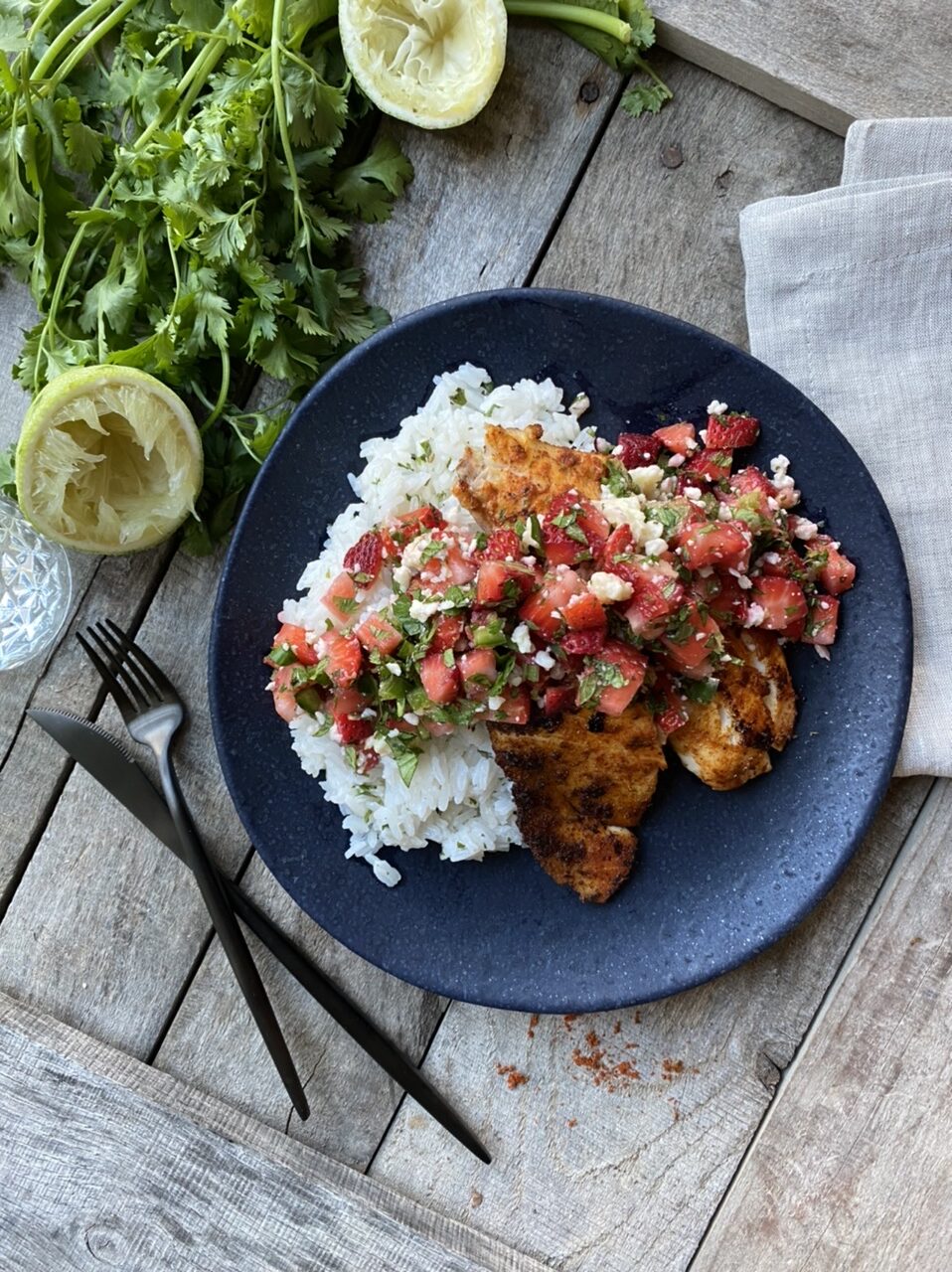 3C9BB8C4 8B73 433B BE84 E3A5CE822448 e1623774817607 - Citrusy Pan-Seared Tilapia with Strawberry Salsa & Coconut Rice