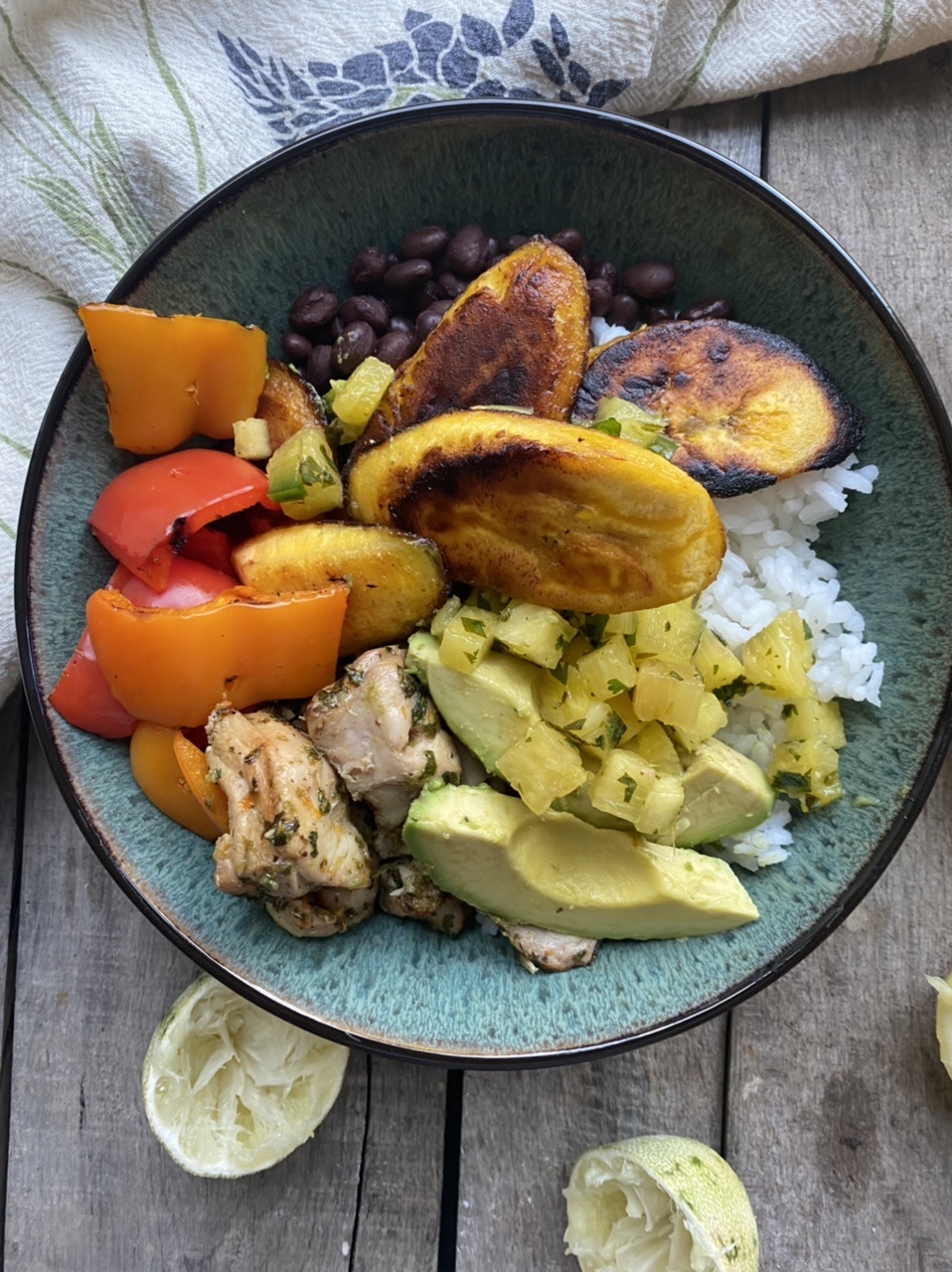 40FF5FDD 15C3 485F 9D60 FF29086181A2 - Cuban Chicken Mojo Bowls with Grilled Bell Peppers, Fried Plantains, & Pineapple Salsa