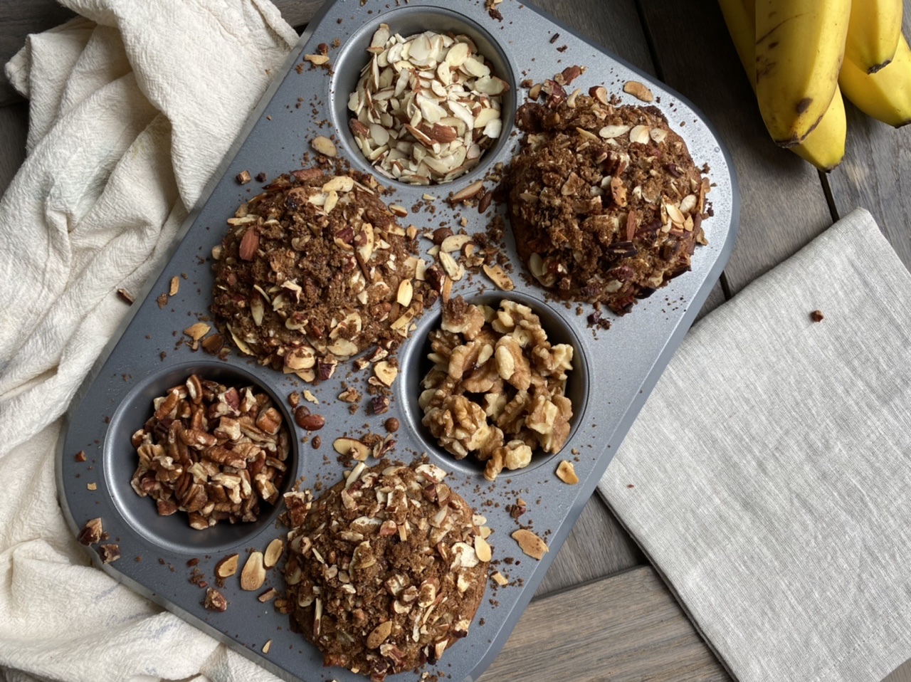 62988B80 72AF 4BBF 8368 CC5122C4D861 - Banana Nut Crunch Muffins with Cinnamon Nut Streusel