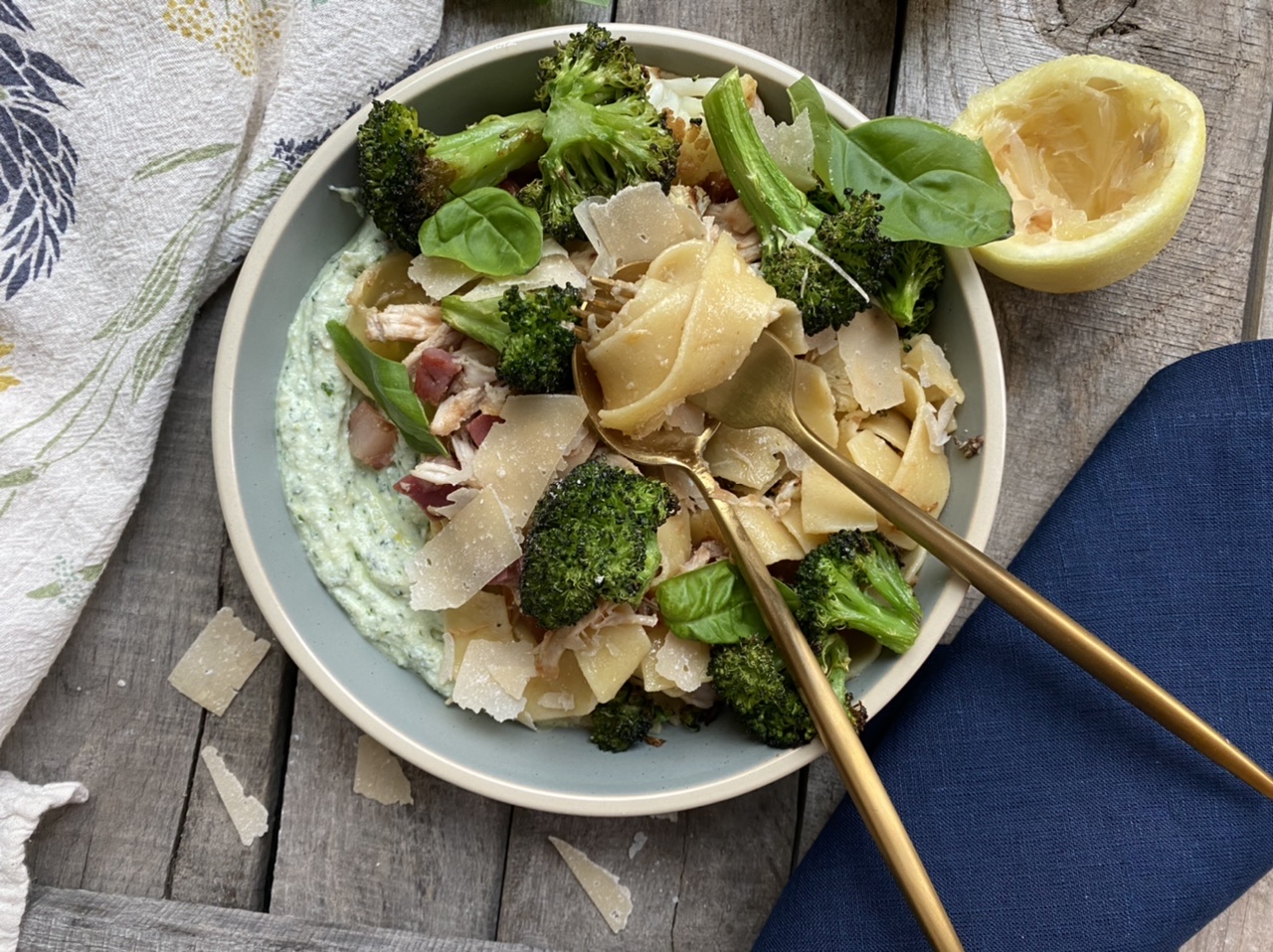 6457A015 DAD8 4BBC 876C A0147873CEDB - Browned Butter Pappardelle Chicken with Pancetta & Roast Broccoli on Herbed Whipped Ricotta