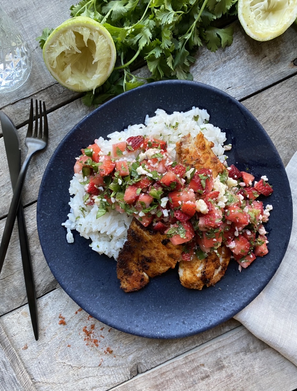 6F09EF5A 43C4 4BA4 942D 1427AF23F3BE - Citrusy Pan-Seared Tilapia with Strawberry Salsa & Coconut Rice