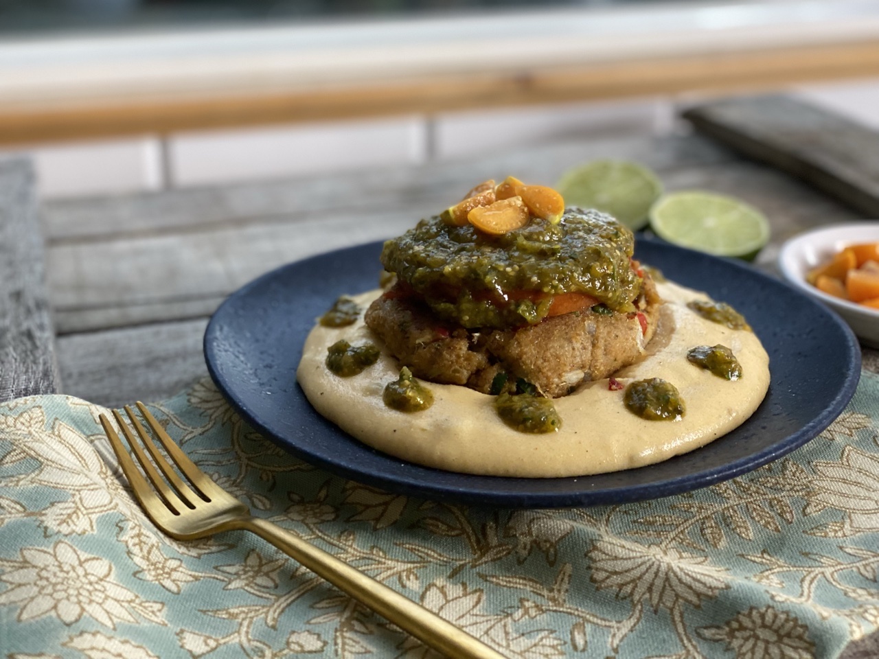 84BCA1B6 D568 4090 9522 BB66FE86EE54 - Tomatillo Salsa Verde Crab Cakes over Spicy Cheesy Grits