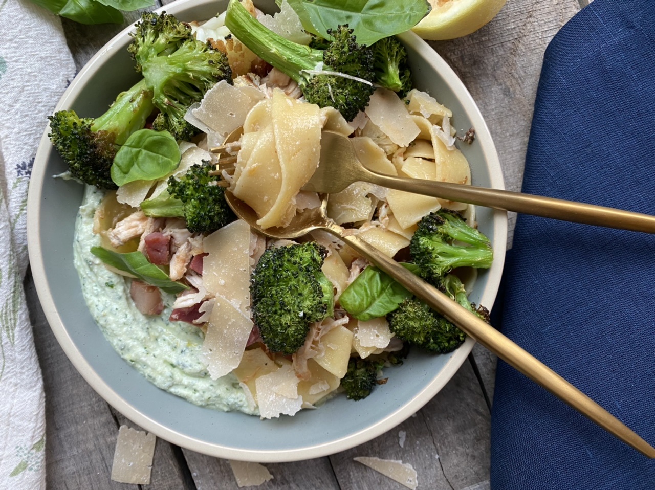 99461481 6785 4E6A BAAB 902E3D9B41EE - Browned Butter Pappardelle Chicken with Pancetta & Roast Broccoli on Herbed Whipped Ricotta